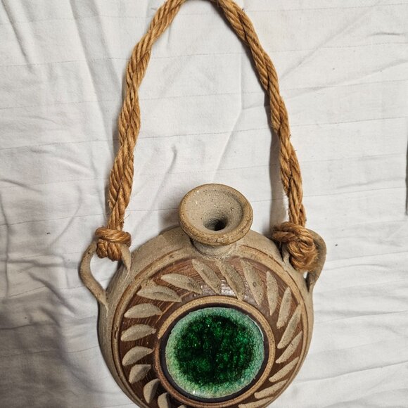 Wall Pocket Canteen Vase Stoneware w/Crackle Glass Art Pottery Hanging Decor - Picture 8 of 12